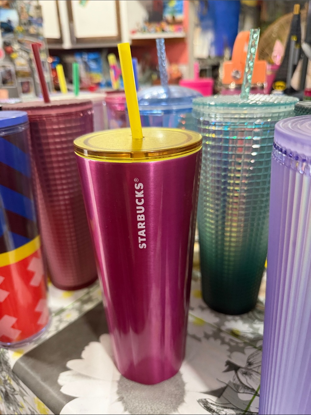 Starbucks Metallic Purple Tumbler with Yellow Lid